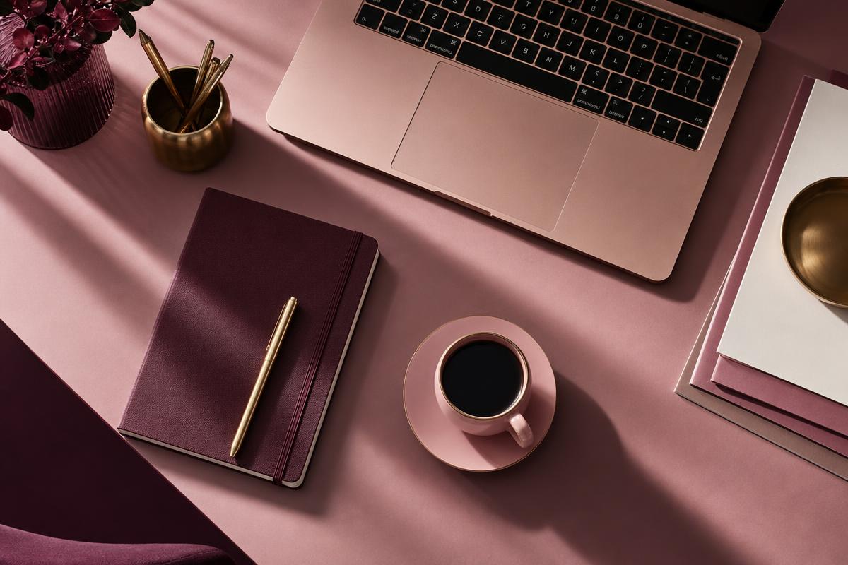 A tidy desk with laptop, notebook, brass pen and coffee cup