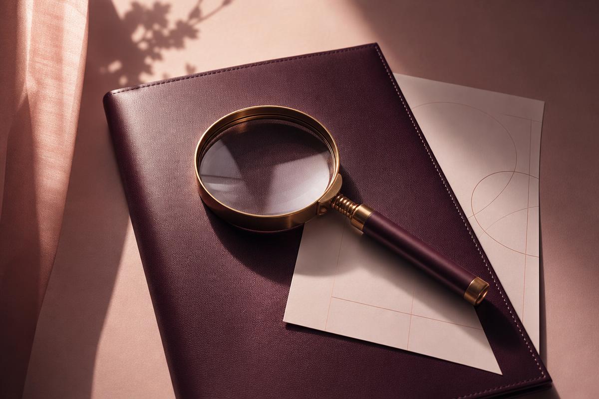 A brass magnifying glass on a plum leather folder